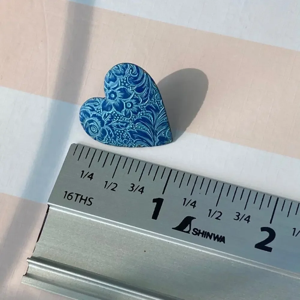 Blue brocade floral patterned heart post earrings